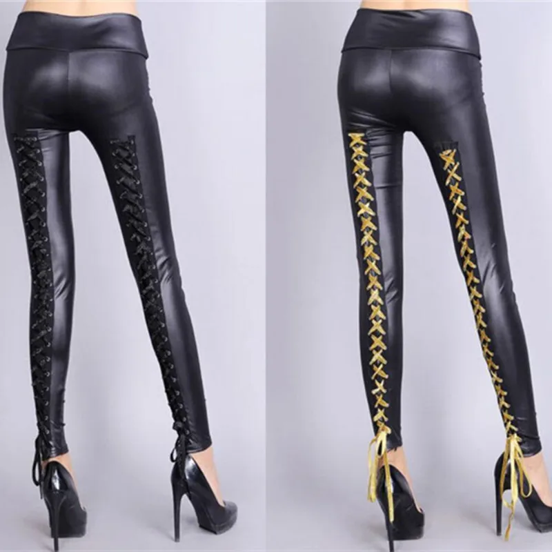 Лакированные кожаные зауженные брюки 2017 уличная мода повседневная Chaparajos наряд