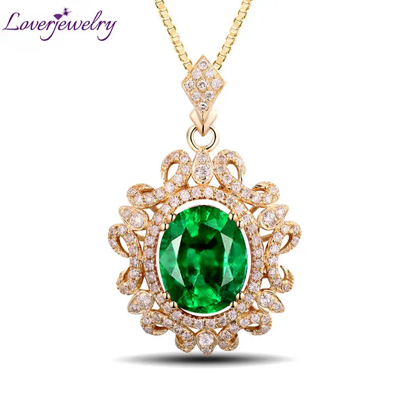 

LOVERJEWELRY Wedding Pendants Oval 8x10mm Pure 14Kt Yellow Gold Natural Diamonds Green Emerald Pendant Necklace for Women 2022
