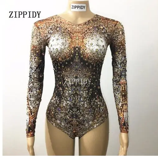Fashion Shining Gold Crystals Bodysuit Dance Wear Evening Party Performance Stretch Costume Female Singer Dancer Stage Wear