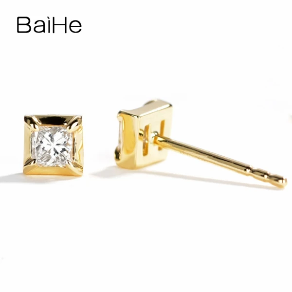 BAIHE Твердые 14 к желтое золото 0.20ct Принцесса Форма I-J/SI настоящие натуральные бриллианты Свадебные трендовые ювелирные изделия серьги-гвоздики