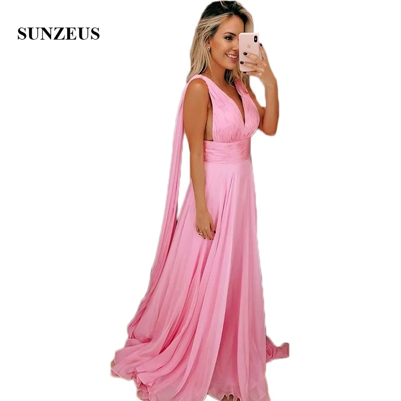 

Pink Chiffon Bridesmaid Dresses Long V Neck A-Line Pleats Charming Maid of Honor Dresses with Flutters Wedding Party Gowns SBD92