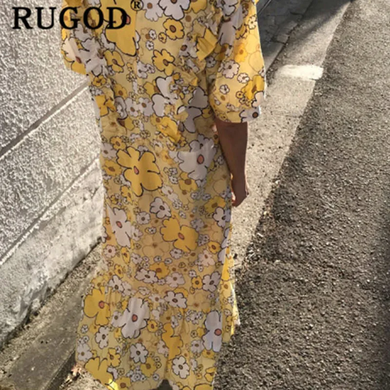 RUGOD элегантное женское платье с цветочным принтом Модное Длинное Платье макси