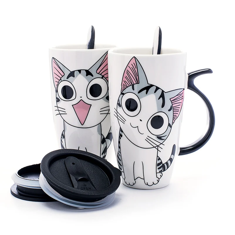 600 мл Симпатичные Cat Стиль Керамические Кружки с Крышкой и Ложкой Мультфильм