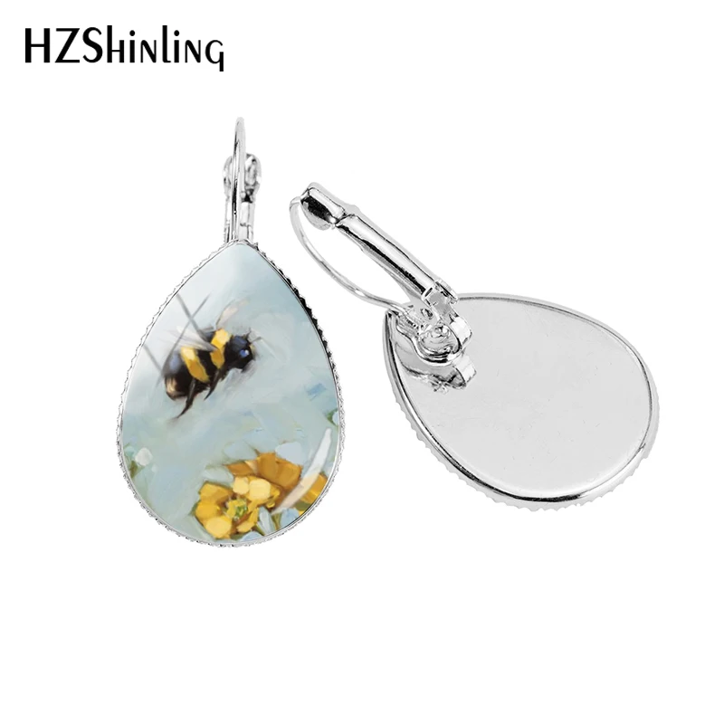 2019 New Bumble Bee Tear Drop Earring Honey Bees Photo Ear Clips Art Glass Dome Handmade Earrings Jewelry | Украшения и