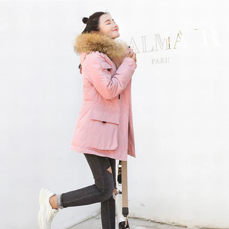 Новинка 2018 г. Модные теплые зимние куртки настоящий большой меховой Толстый