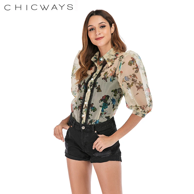 Chicways женские рубашки из органзы с цветочным принтом и пышными рукавами кружевные