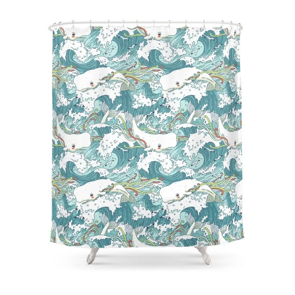 

Занавеска для душа из полиэстера, водонепроницаемая, с рисунком китах и волн, с нескользящим напольным ковриком для ванной