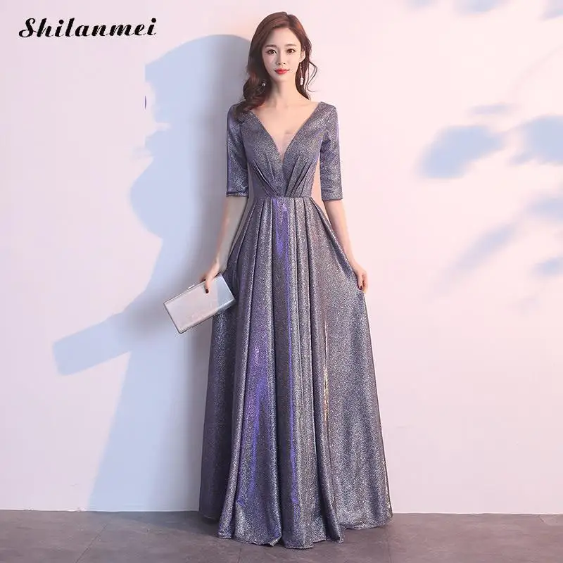 

Sexy Deep V neck Long Formal Dress Women Wedding bridal Floor-Lenght Dress Grey Bling Solid Half Sleeve Prom Gown Long Dress