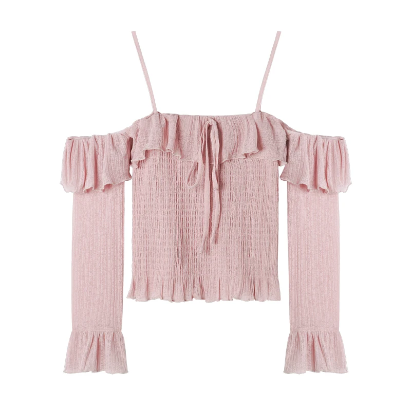 

Jvzkass 2018 new Slim Strapless Breathable Ruffled sweet and cute Top Summer Strap Trumpet Sleeve Strap Short Sling Z243