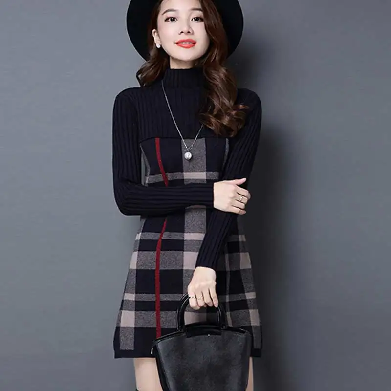 UPPIN 2017 New Loose Women Autumn Winter Dress Turtleneck Long Sleeve Plaid Knitted Sweater Female Warm Sweaters Pullovers | Женская