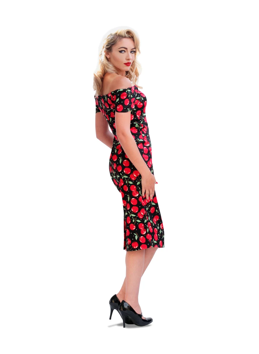 лето Женщины Винтаж 50 х годов с принтом вишни открытыми плечами wiggle d|dress robe|vintage