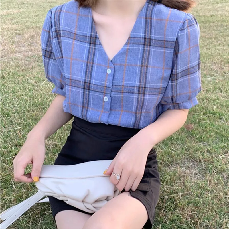 

Women Blouse Tops V-Neck Button Up Plaid Print Blouse Tops Short Sleeve Shirt preppy style Summer Women's Fashion Fresh Style