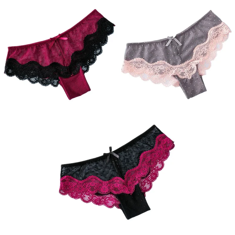 red grey black 3 шт., женские трусики, сексуальное кружевное нижнее белье для женщин, в горошек, дышащие, прозрачные, женские трусики, женские трусы, M-XL BANNIROU - Цвет: red grey black