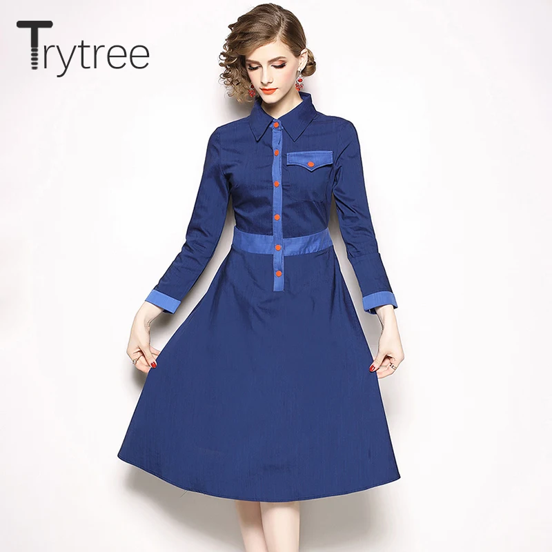 Trytree/весенне летнее платье повседневное ТРАПЕЦИЕВИДНОЕ женское синее однотонное