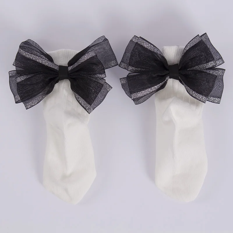 White Black Silk Bow Новые детские носки для девочек, носки с бантиками для младенцев, хлопковые носки до лодыжки, носки для маленьких девочек, носки принцессы - Цвет: White Black Silk Bow