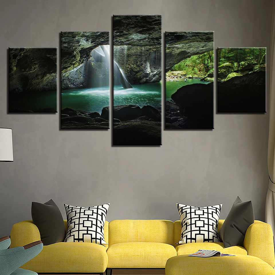 Фоторамки HD напечатанные настенные художественные 5 штук пещера река зеленый лес