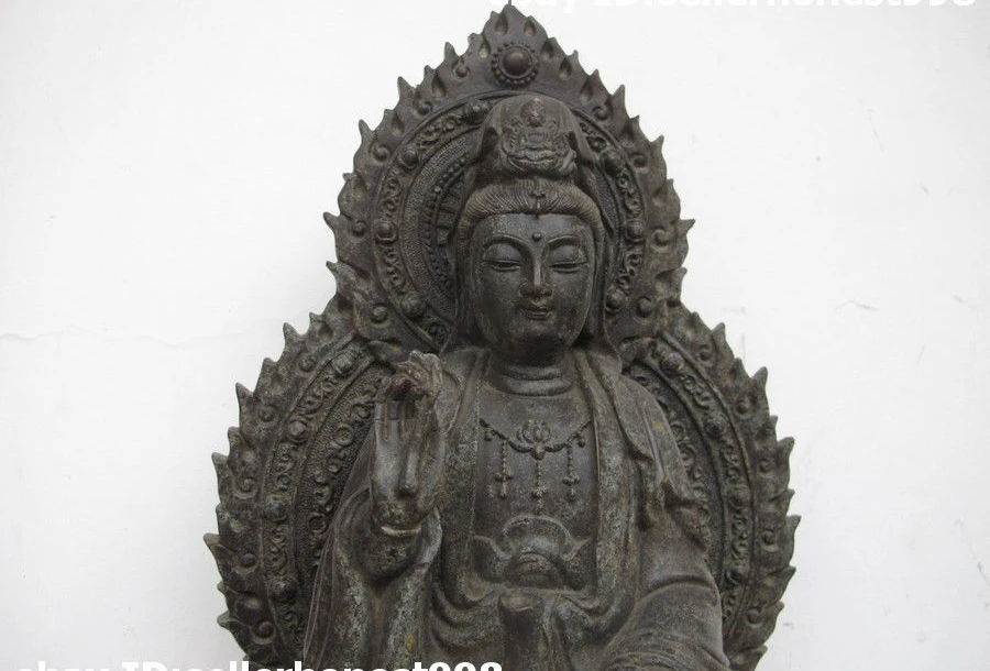 16 Тибетский Старый бронзовый медный буддистский Лотос трон Кван-Инь статуя