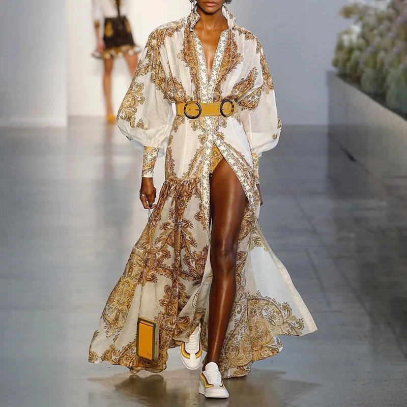 VGH винтажное платье с принтом для женщин воротником-стойкой длинными