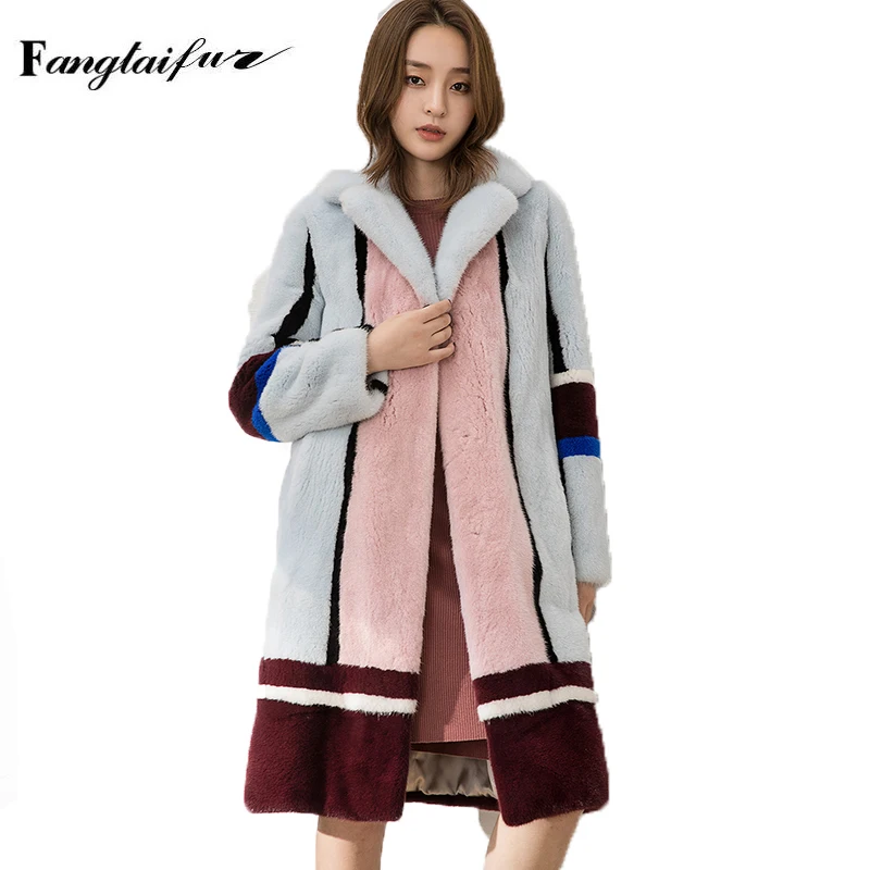 

Ftangaiur Winter Women Import Velvet Mink Fur Coat Contrast Color Slim Minks Coats Women's Medium Real Mink Fur Coats