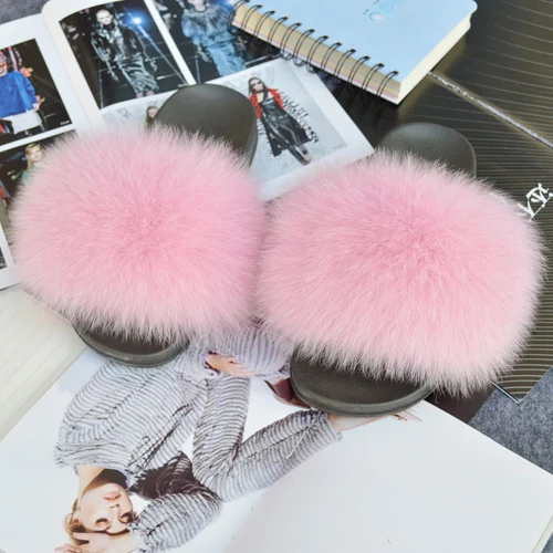 pink Женские тапочки из натурального Лисьего меха; милые летние пушистые туфли с натуральным лисьим мехом; Роскошные брендовые сандалии на плоской подошве с натуральным лисьим мехом - Цвет: pink