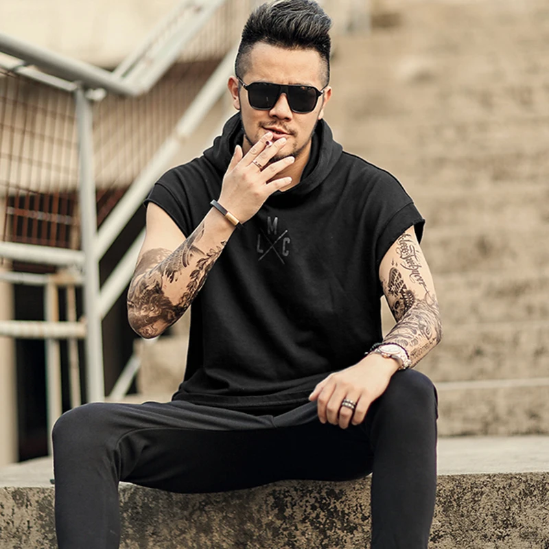 Metrosexual Men new spring summer black sleeveless hip hop Hooded tank tops European style printed letter | Мужская одежда