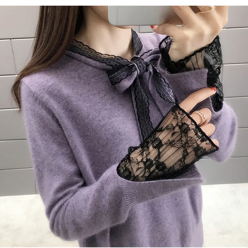 2019 Весна Осень Модное с кружевной вышивкой женский свитер толстый теплый