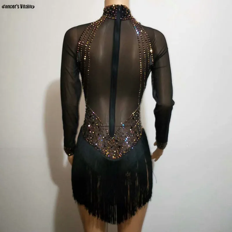 

Stretch Black Mesh Rhinestone Short Big Stretch Dress Women's Evening Party Wear Rhinestones Tassel Dress Prom Birthday