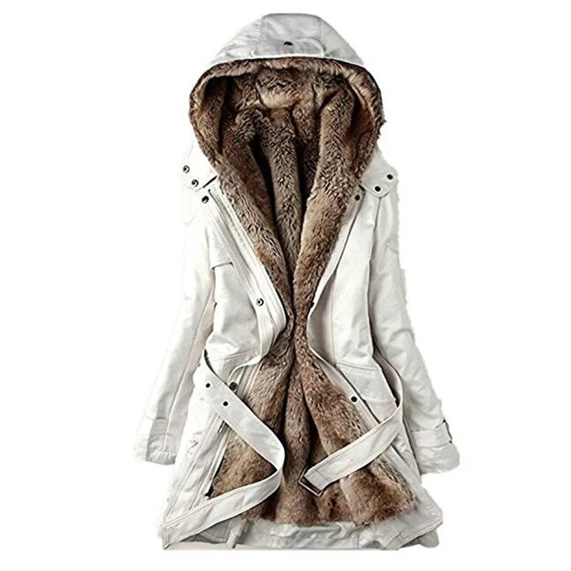 BEIGE women fur coat Мода, зимнее женское пальто с капюшоном, пальто из искусственного меха, верхняя одежда, теплые длинные парки, женская меховая куртка, пальто, длинная меховая подкладка, пальто - Цвет: BEIGE women fur coat