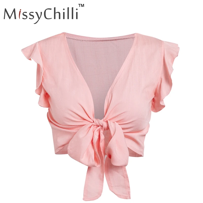 Розовый MissyChilli с оборками и бантом, v-образный вырез, плюс размер, женский укороченный топ, красный тонкий бандаж, Осенний топ на бретелях, женский зеленый Фитнес, повседневный Топ, футболка на бретельках - Цвет: Розовый