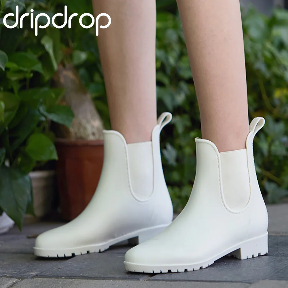 DRIPDROP Резиновые сапоги из ПВХ Водонепроницаемые для Женщин Ботильоны с боковой эластичной резинкой Однотонные Английская мода