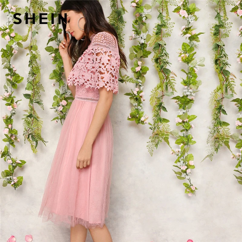 SHEIN Кружевное Платье С Оборкой Романтичное Вечернее Платье|Женские платья| |