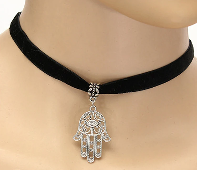 Черный вельветовый в готическом стиле ожерелья Чокеры Hamsa Fatima ручной дизайн