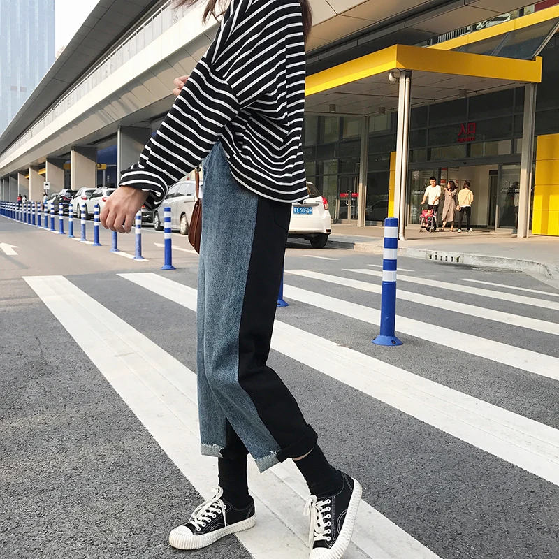 Поп Harajuku Новая осень/зима шить контрастные Цвет Джинсы женские ботильоны Длина