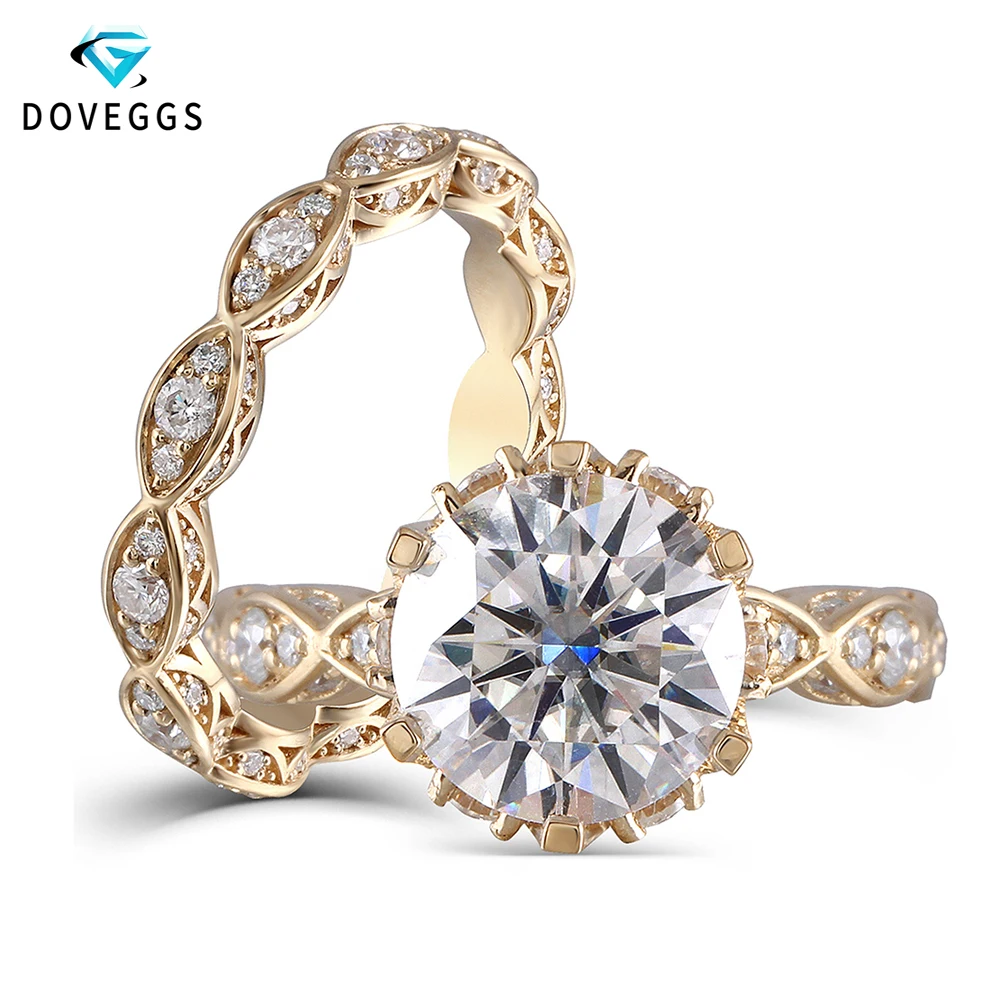 DovEggs 14K 585 Желтое золото 3 карата Центр 9 мм F цвет 2 ширина ремешка муассанит