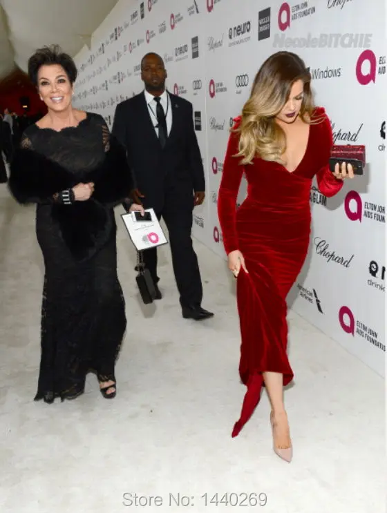 Khloe красный ковер для Оскары вечернее платье с V образным вырезом и длинными
