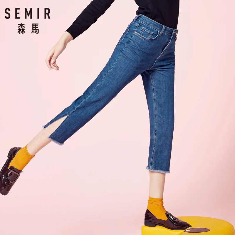 SEMIR Women Calf-Length Jeans with Slits at Hem Women's Slim Fit Cotton in Washed Denim Raw-Edge Chic Style |