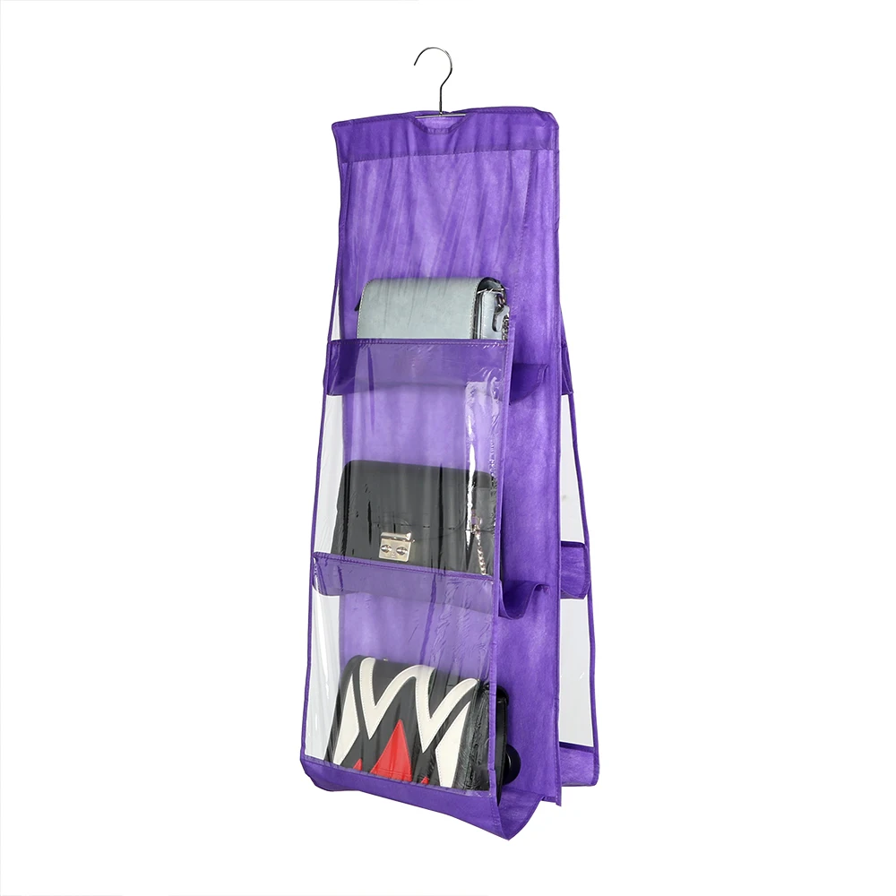 4 Colors 6 Pockets Handbag Purse Storage Bag Hanging Books Organizer Wardrobe Closet Hanger Double Sided Foldable Transparent - Цвет: Фиолетовый