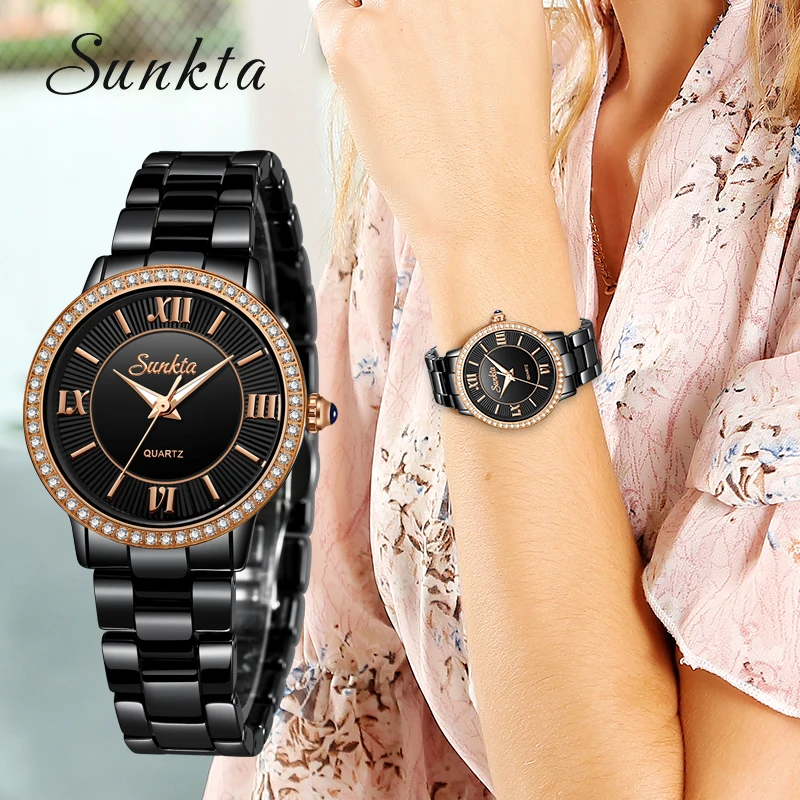 

SUNKTA Crystal Diamond Black Ceramic Women Watches Waterproof Top Brand Luxury Clock Fashion Simple Watch women Relogio Feminino