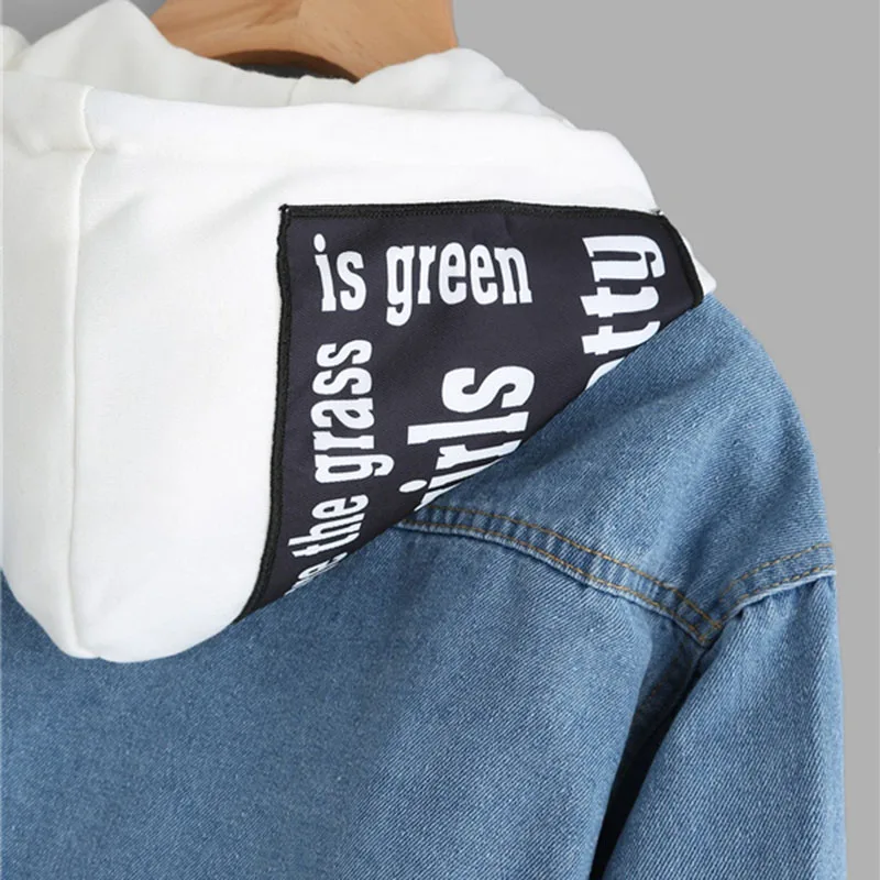 SweatyRocks синий 2 в 1 ребристая трикотажная отделка с капюшоном джинсовая куртка однобортное пальто с буквенным принтом осень Женская Джинсовая Верхняя одежда