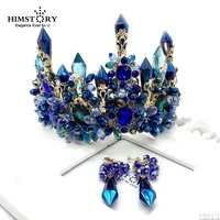 himstory brides oversize blue baroque royal tiaras crown headpiece retro green rhinestone tiara hairbands wedding hair jewelry