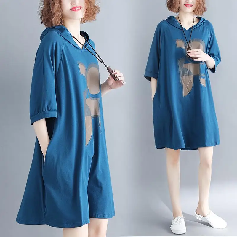 

2019New Summer Hooded Long T-shirt Women's Korean Loose large size Comfortable Pullover Short Dress Female Clothing Casual Dress