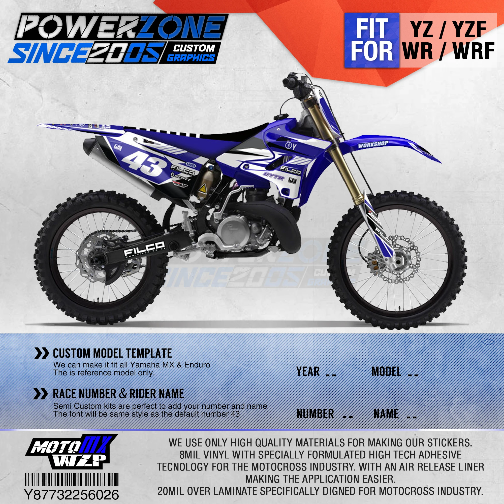 

PowerZone Customized Team Graphics Backgrounds Decals 3M Custom Stickers For YAMAHA YZ125/250 X 1996-2001 2002-14 2015-2019 026
