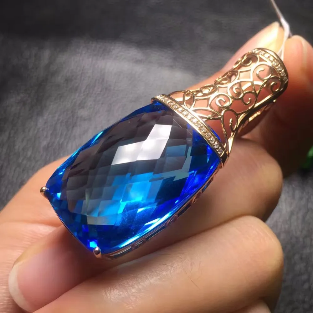 Fine Jewelry Collection Real 18K Rose Gold Natural Blue Topaz Gemstone Pendant Necklace For Women Pendants | Украшения и