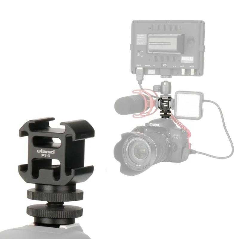 

2021 New Aluminium Flash Hot Shoe Mount Holder Triple Mounts Microphone Bracket LED Monitor Stand for Nikon Canon DSLR Camera