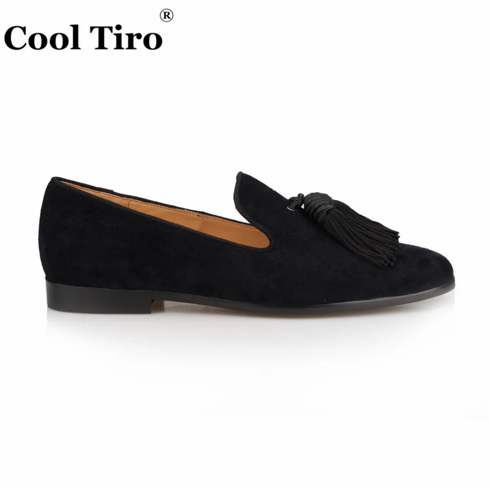 COOL TIRO Black Suede Loafers Men Handmade Tassels Slippers Wedding Dress Shoes Slip on Gentlemen Male's flat Casual Plus size | Обувь