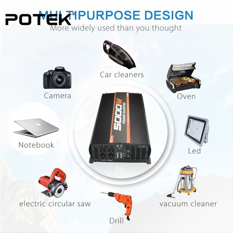 POTEK 5000W Power Inverter Four AC Outlets 12V DC to 110V Car with 2 USB Port | Автомобили и мотоциклы