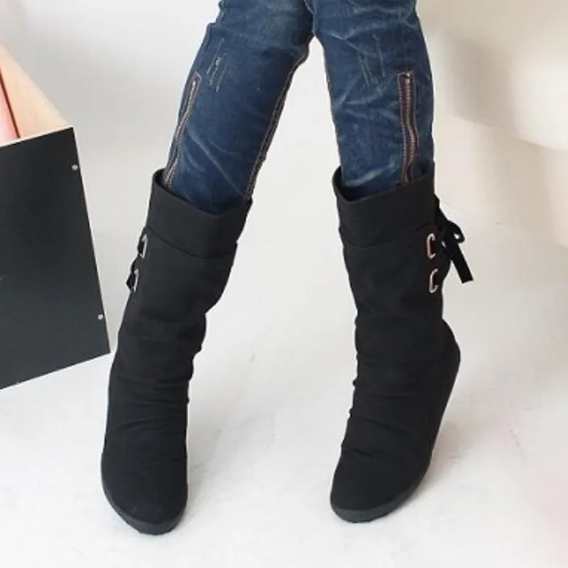 HEVXM/женские зимние сапоги до середины икры однотонные женские на танкетке