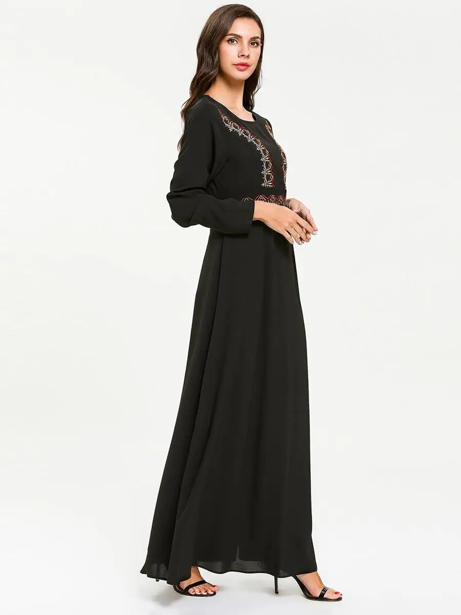 Женское длинное платье с вышивкой Abaya черное платье-Кафтан круглым вырезом в