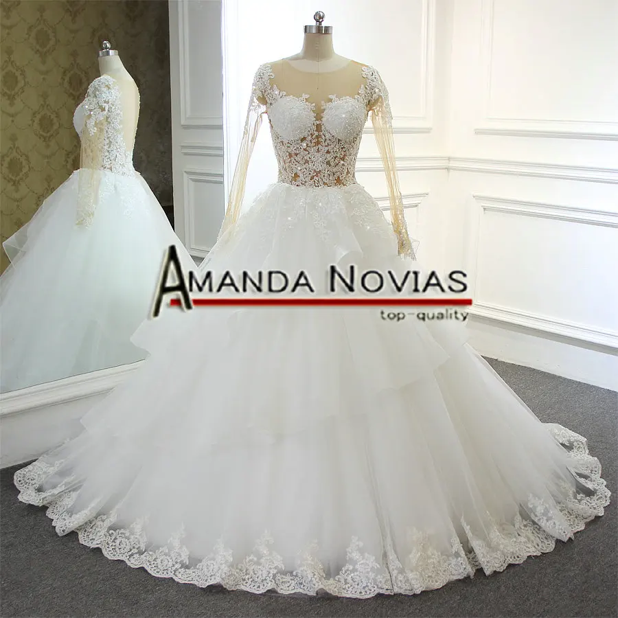 Vestido de noiva Новое поступление кружево одежда с длинным рукавом свадебное платье небольшой поезд