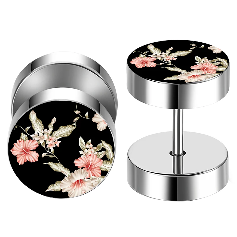 

Pink Flower Blossom Earring Black Fake Gauge Plugs Men's Fake Piercing Earring Jewelry